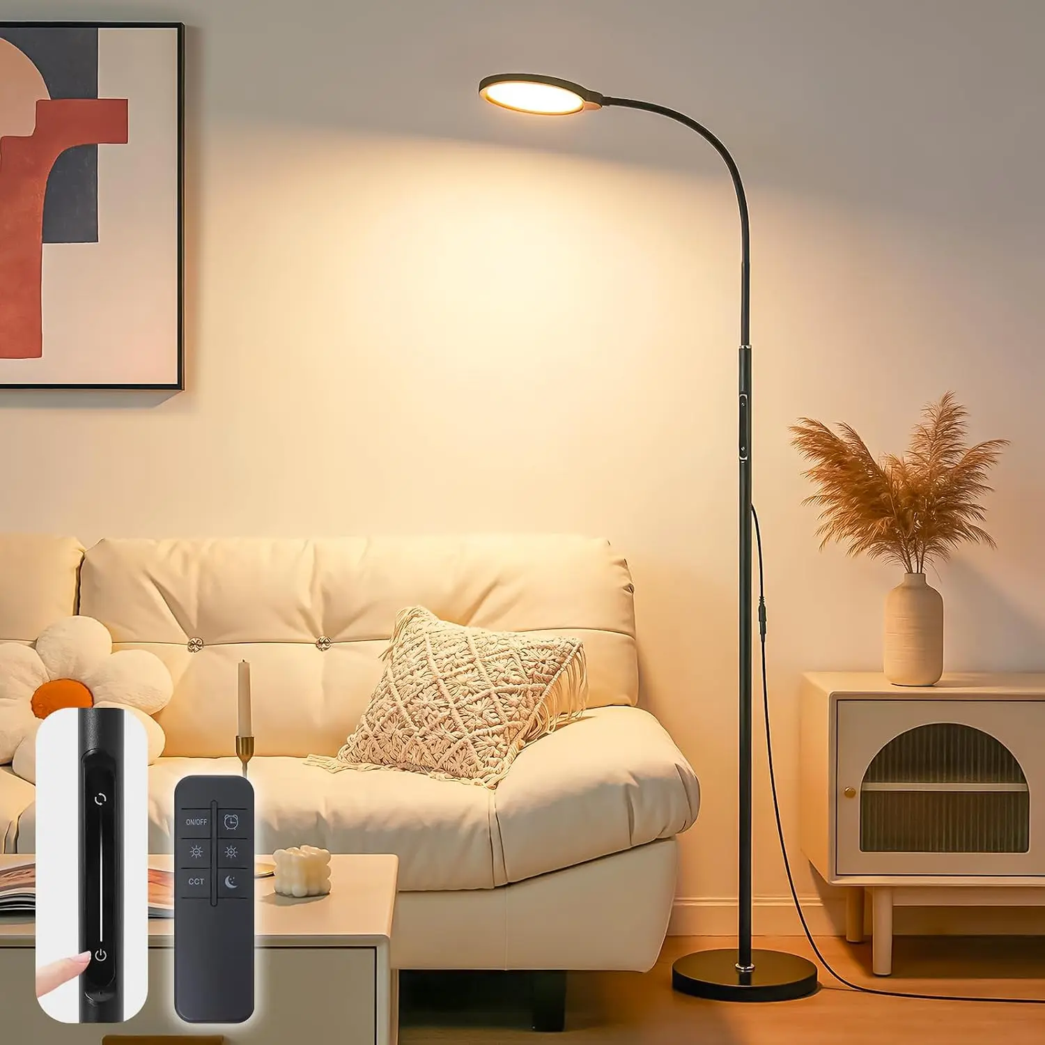 Bright LED Eye-Friendly Floor Lamp with Remote and Touch Dimmer| Adjustable Color Temperature and Brightness, Black Gooseneck Standing Reading Lamp for Living Room Bedroom Office Pharmacy
