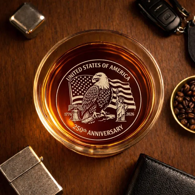 USA 250th Anniversary Heritage Whiskey Glass, Engraved 1776-2026 Eagle Rocks Glass, Patriotic 2026 Gift, USA Glass