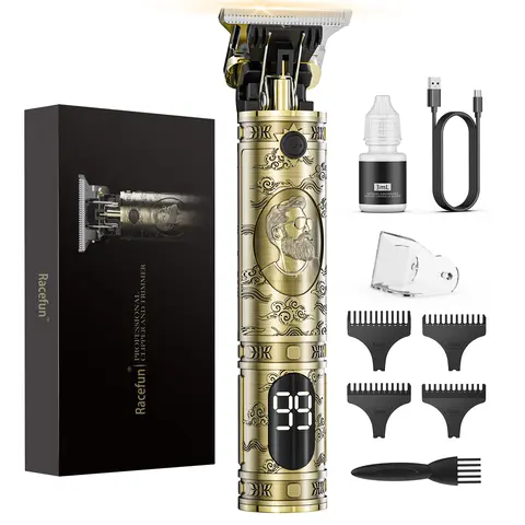 RACEFUN Professional Cordless Hair Clipper Set - LCD Display, USB Rechargeable T Blade Trimmer, Stubble Beard Trimmer, Adult Face Grooming Tool, Barber Starter Kit, Home Haircut Gear for Friends