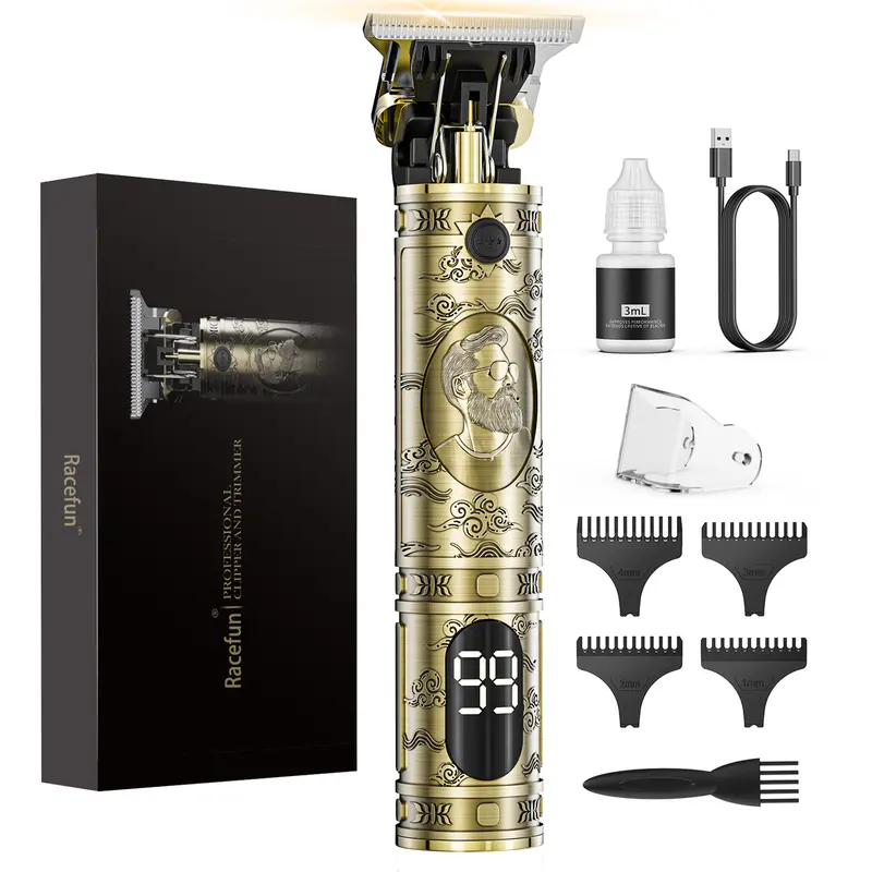 RACEFUN Professional Cordless Hair Clipper Set - LCD Display, USB Rechargeable T Blade Trimmer, Stubble Beard Trimmer, Adult Face Grooming Tool, Barber Starter Kit, Home Haircut Gear for Friends