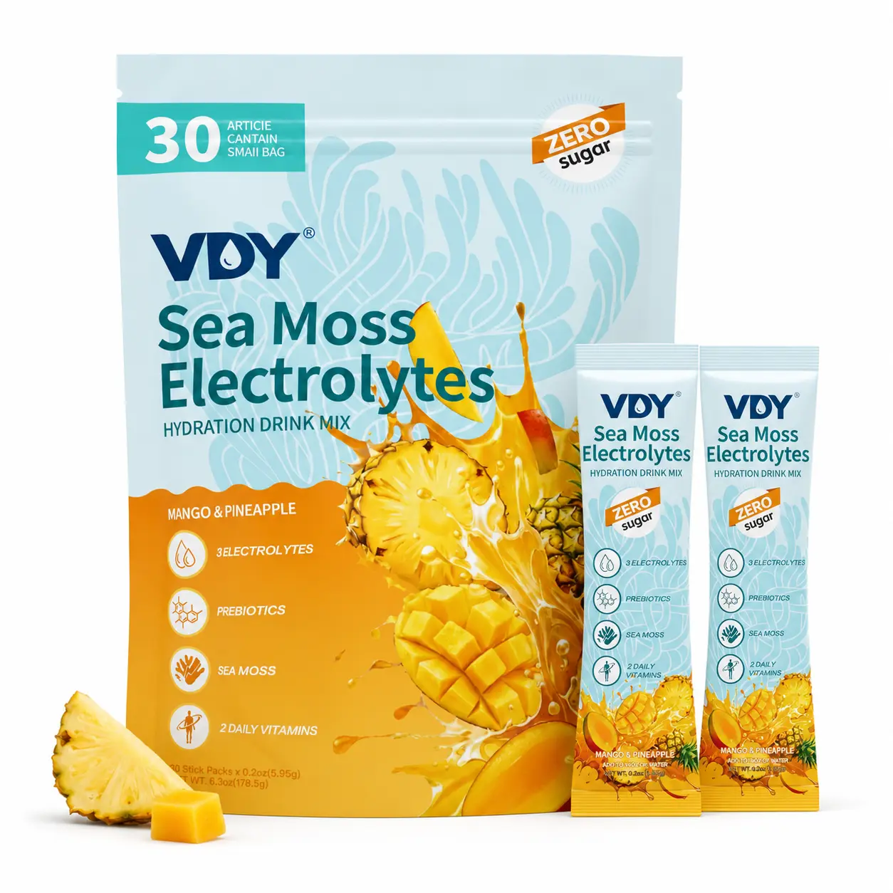 VDY Sea Moss Electrolyte Powder Hydration Drink Mix - Mango Pineapple Flavor, 30 Count, 0 Sugar, Prebiotics, Daily Vitamins, Fitness & Wellness Dietary Supplement
