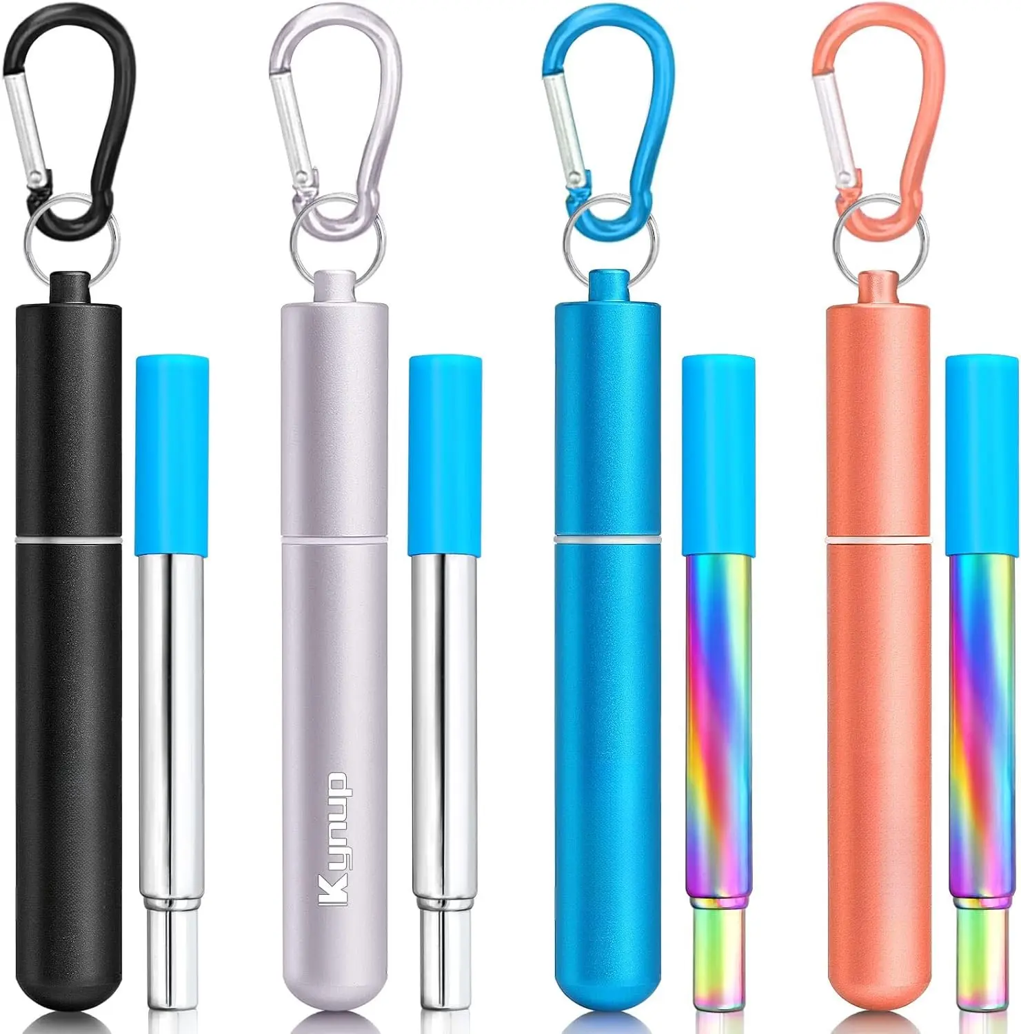 Straws, 4Pack Collapsible Portable Metal Straw  Foldable Stainless Steel Drinking Travel Telescopic Straw with Case, Clean Brush,  Gifts (Blue-Black- Rose -)