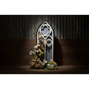 Gothic Cathedral-Style Wooden Decorative Flower Frame - Burlap Bow, Hangable Metal-Accented Farmhouse Home Decor for Wall, Window, Wedding, Modern Cherry, Peach Themed Spaces