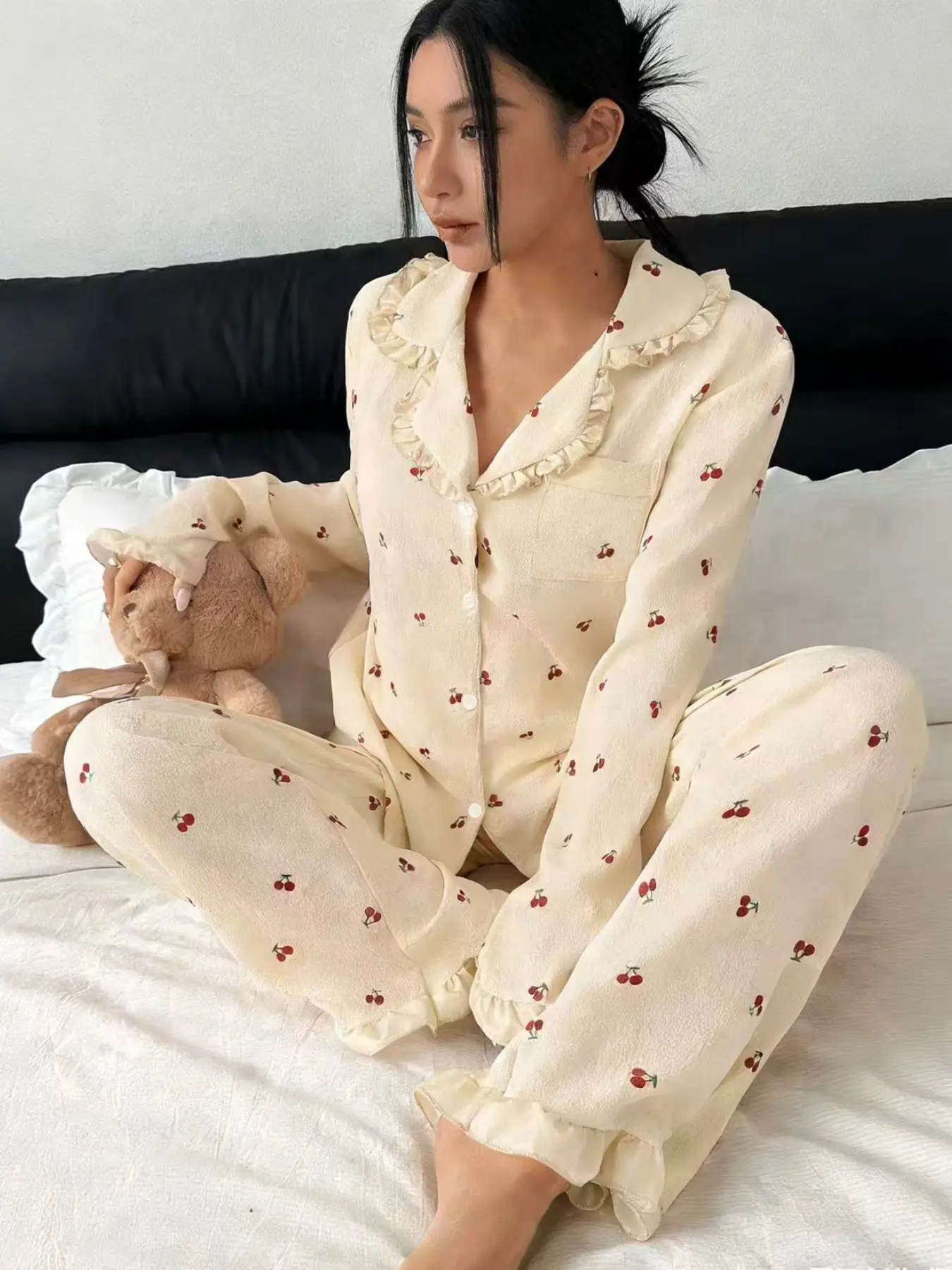 Women's Sleepwear Set, Cherry Print Ruffle Long Sleeve Pajamas, Open Front Collar Comfortable Nightwear, Soft Button-Up Top & Elastic Waist Pants, Loungewear, Pjs, Aesthetic, Pyjamas, Pajama Sets