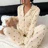 Women's Sleepwear Set, Cherry Print Ruffle Long Sleeve Pajamas, Open Front Collar Comfortable Nightwear, Soft Button-Up Top & Elastic Waist Pants, Loungewear, Pjs, Aesthetic, Pyjamas, Pajama Sets