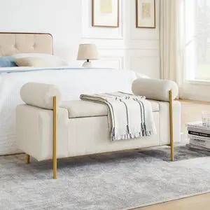 44" End of Bed Storage Bench, Upholstered Velvet Ottoman with Cylindrical Arms, Rolled Arm Window Bench Seat, Iron Legs for Bedroom or Living Room, Beige