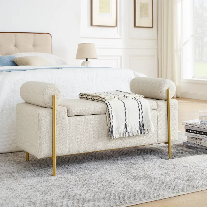 44" Upholstered Velvet End of Bed Storage Bench - Cylindrical Rolled Arms, Iron Legs, Soft Padded Footstool with Storage for Bedroom, Living Room, Beige Window Bench Seat