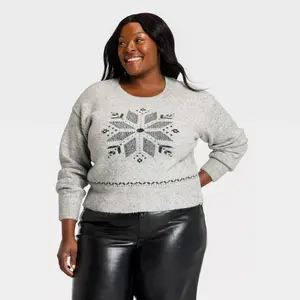Women's Long Sleeve Holiday Crewneck Pullover Sweater - Universal Thread Gray Snowflakes XXL