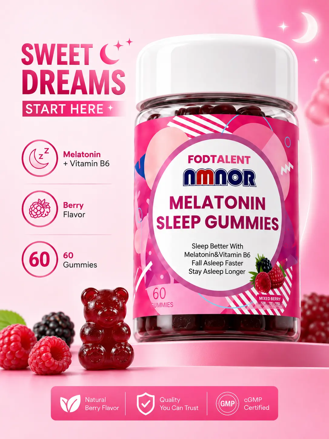 NMNOR Chewable Melatonin Dietary Supplement Gummies - Gluten-Free, 6 mg per Serving, with Vitamin B6, Mixed Berry Flavor, 60 Bear-Shaped, for Supplement Routine & Sleep Aids, Healthy Sleep Support, Healthy Sleep Supplements