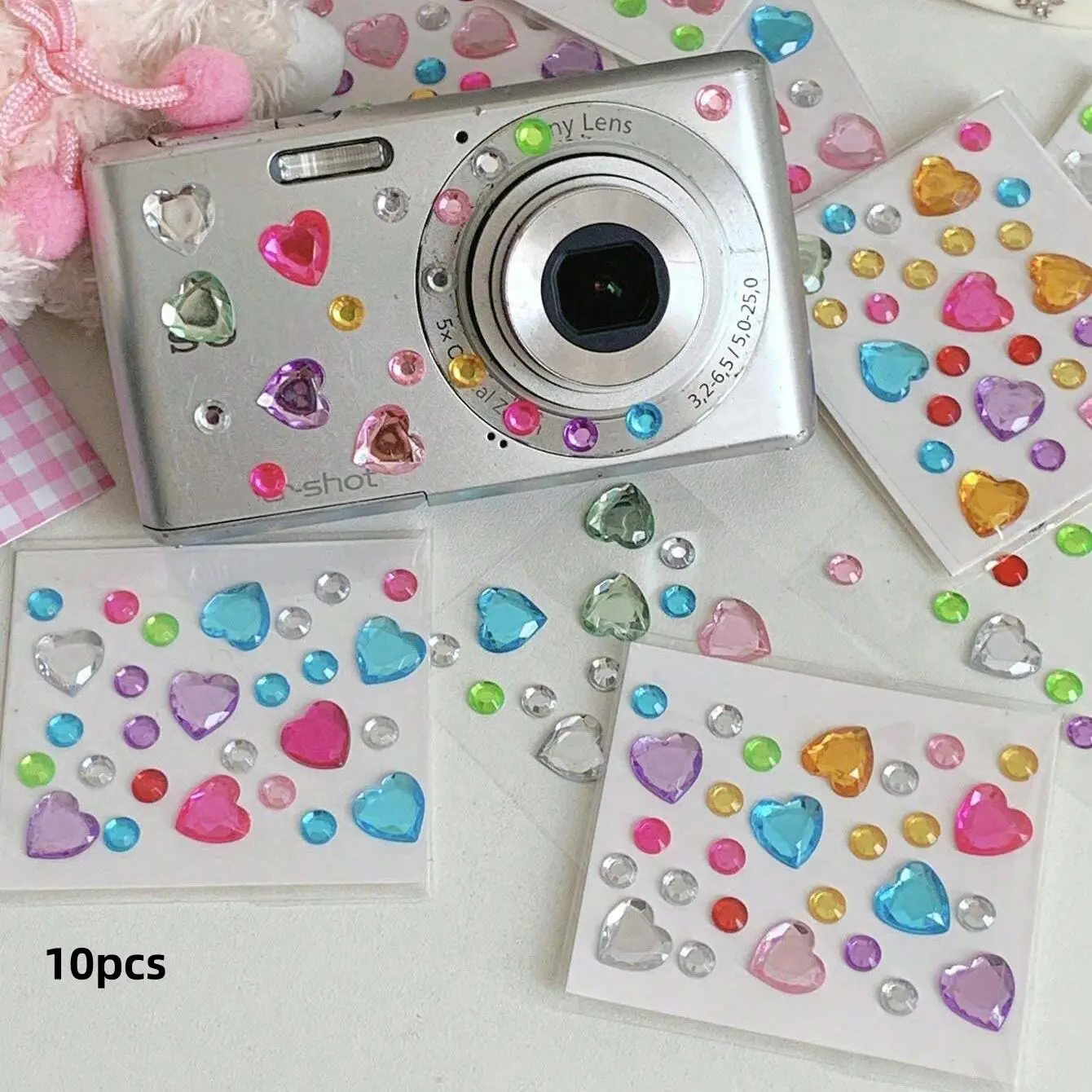Random Color Heart Shaped Rhinestone Sticker (10pcs/pack), Colorful Mini Decorative Sticker, Decorative Decal for DIY Diary, Camera, Mobile Phone