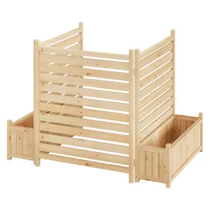 Outdoor Wooden Privacy Screen Panels with Planter Boxes, 2-Pack Freestanding Fence for Hiding AC Units, Trash Cans, Pool Equipment – Includes 2 Flower Pots & 1 Mesh – Decorative Garden & Yard Privacy