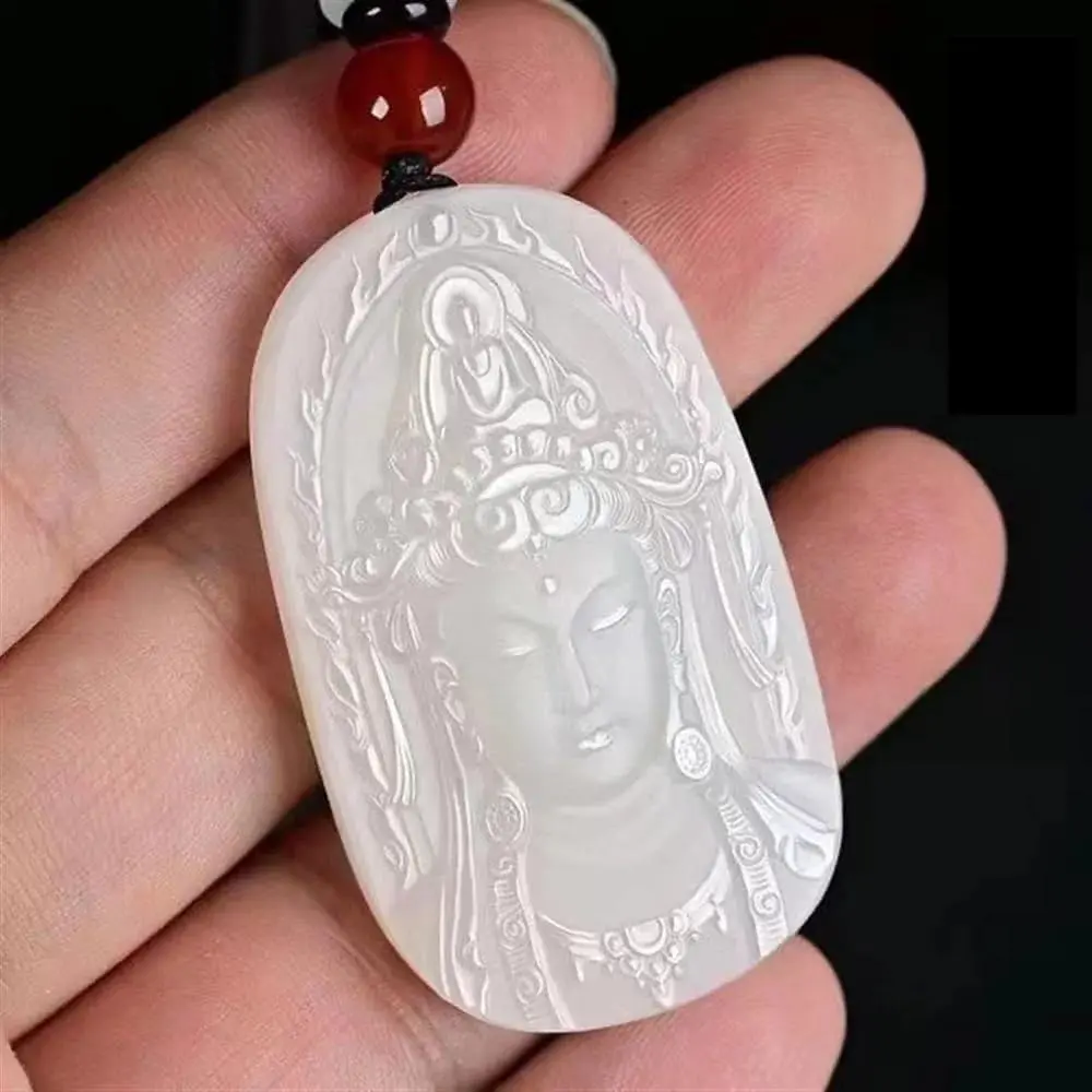 Genuine White Jade Pendant Necklace, 50mm Carved Guan Yin Figure, Religious Goddess of Mercy Protection Amulet with Certificate, 24G/0.84 Ounces, 50Mm/1.96 Inches