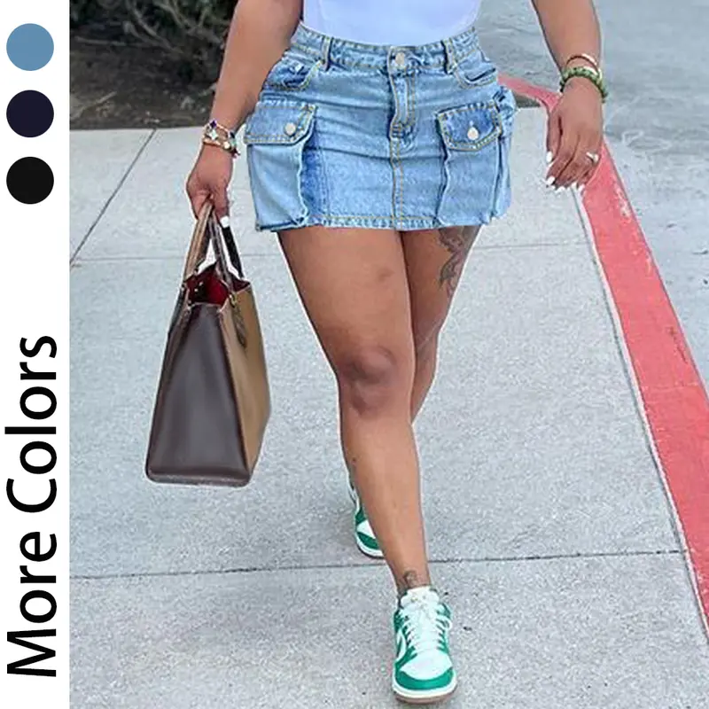 Women's Low Waist Button Bodycon Mini Cargo Denim Skirt with Pocket Cute Style Casual Summer baggy jeans