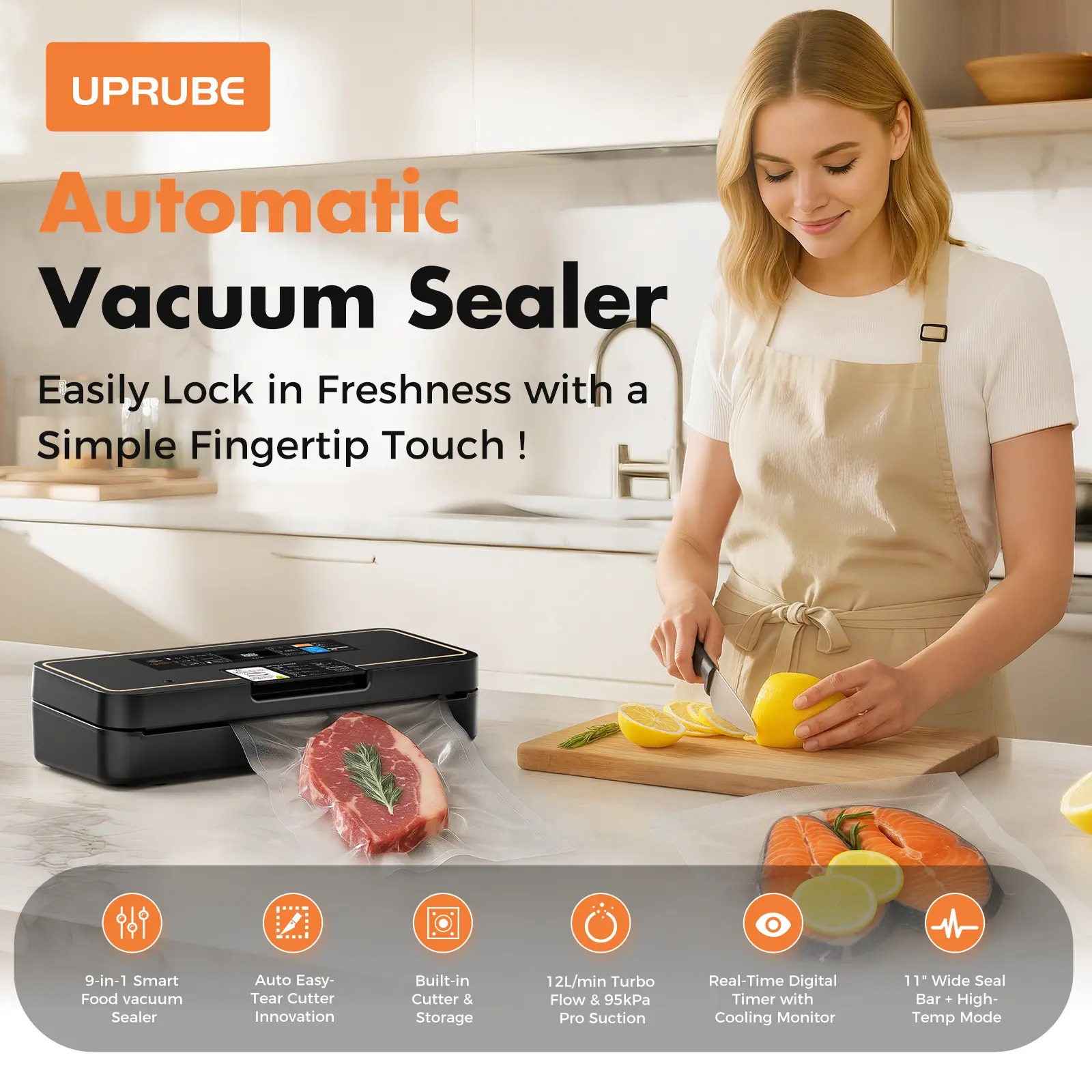 Vacuum Sealer for Food, 95kPa Food Saver Machine, 135W Fast-Sealing with Easy Tear Cutter, Built-in Bag Storage, 9-in-1 Compact