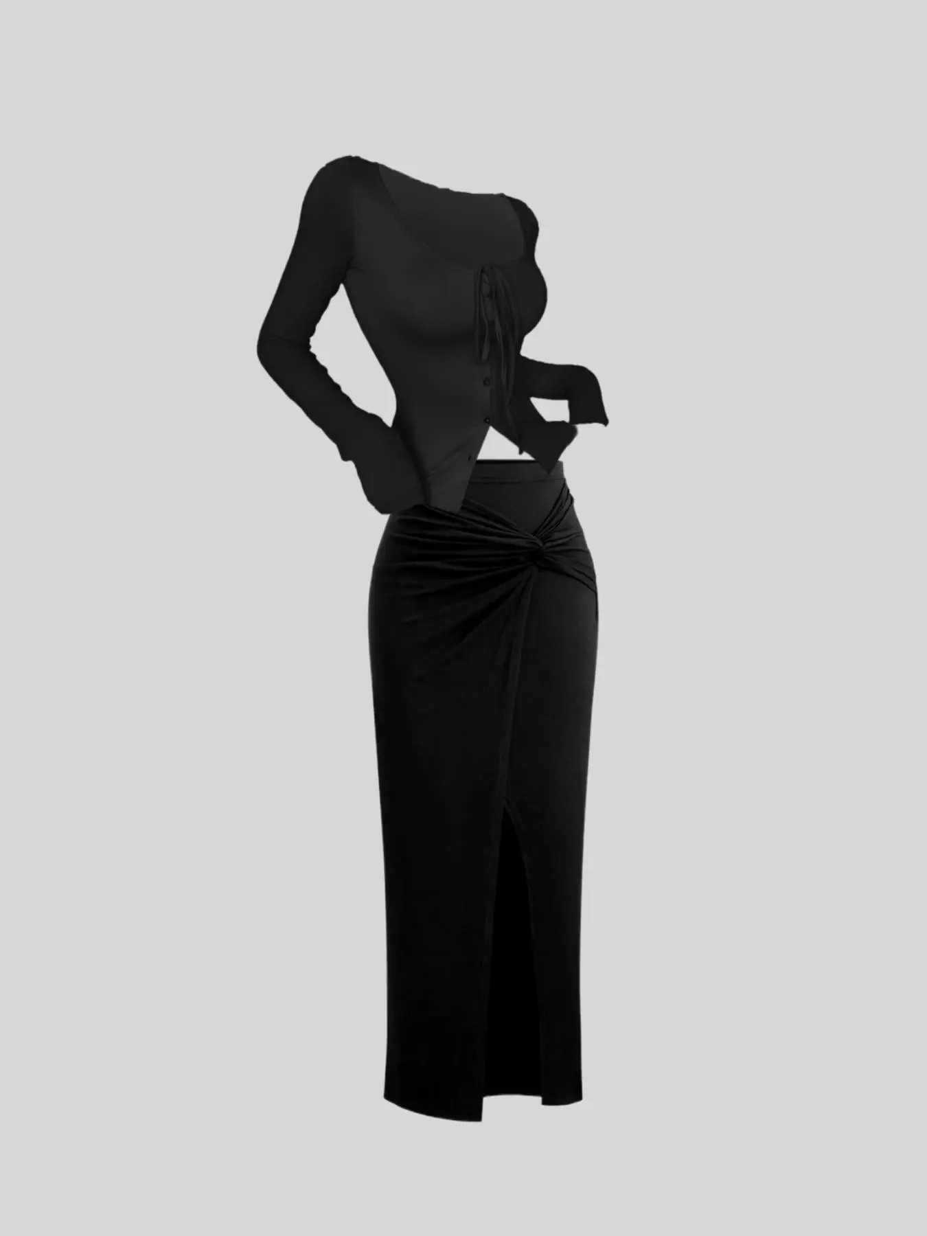 Elegant Women's Set, Slim Fit Multifunctional Long Sleeve Buttoned Cardigan & Sexy Slit Skirt, Fashionable and Stylish