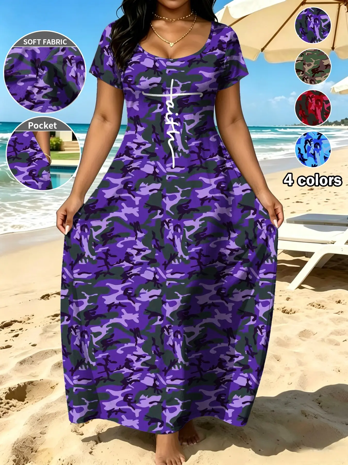 Plus Size Women's Summer Camouflage Letter Print Casual Fashionable Dress, Loose Fit Short Sleeve Long Dress, Casual Pocket Design, Ideal for Daily Wear, Womenswear