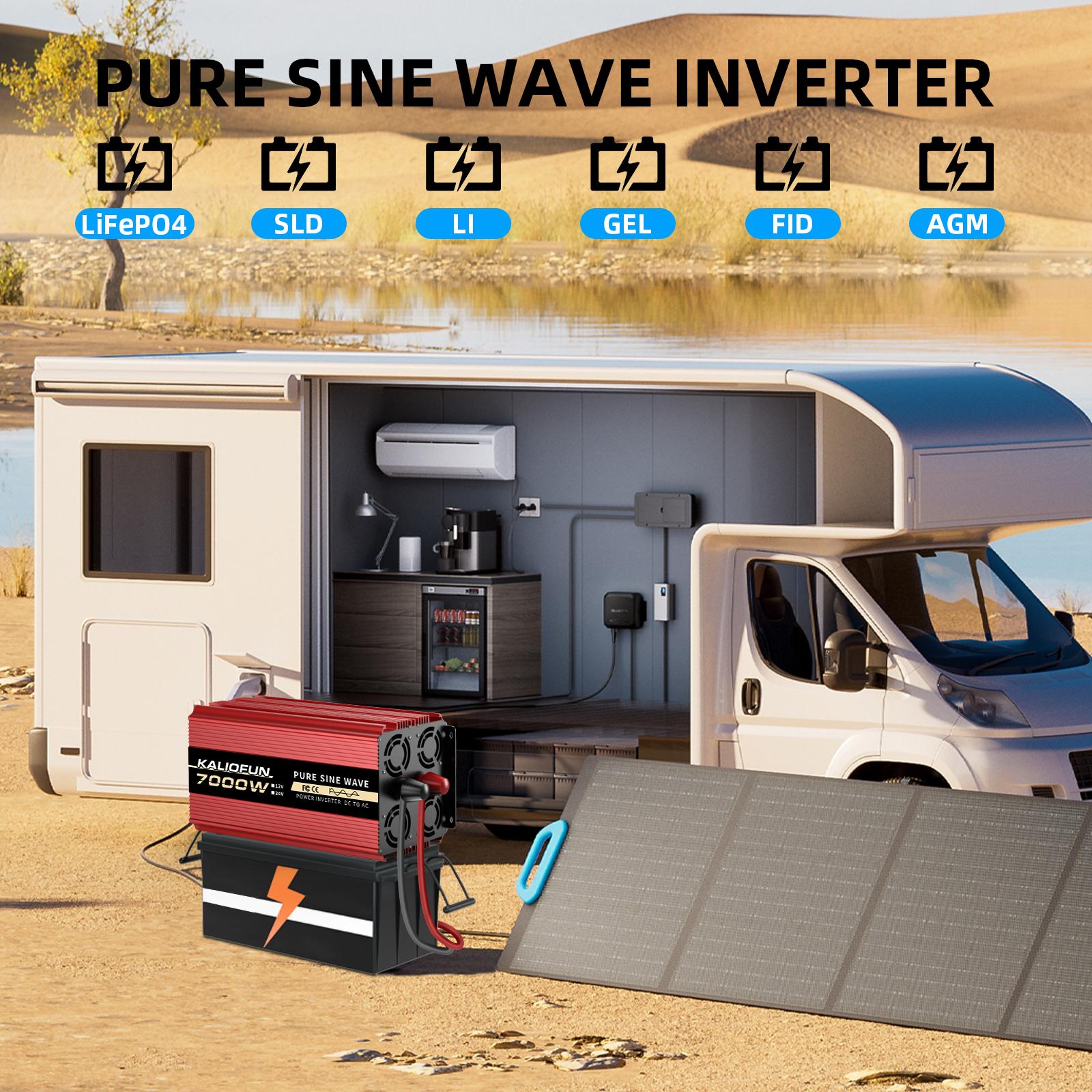 KALIOFUN 7000 W Pure Sine Wave Inverter, 1 unit, 12 V DC to 110 V AC, voltage display, 4 standard US outlets, hardwired, suitable for home, outdoor, and camping use, car inverter, no battery required