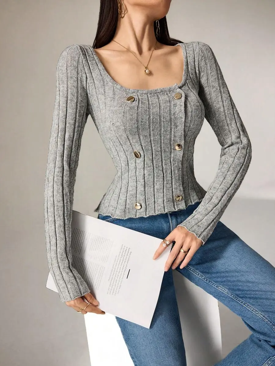1pc Casual Solid Color Rib Knitted Double-Breasted Cardigan For Autumn - Fall Outfits, Back to School Outffits