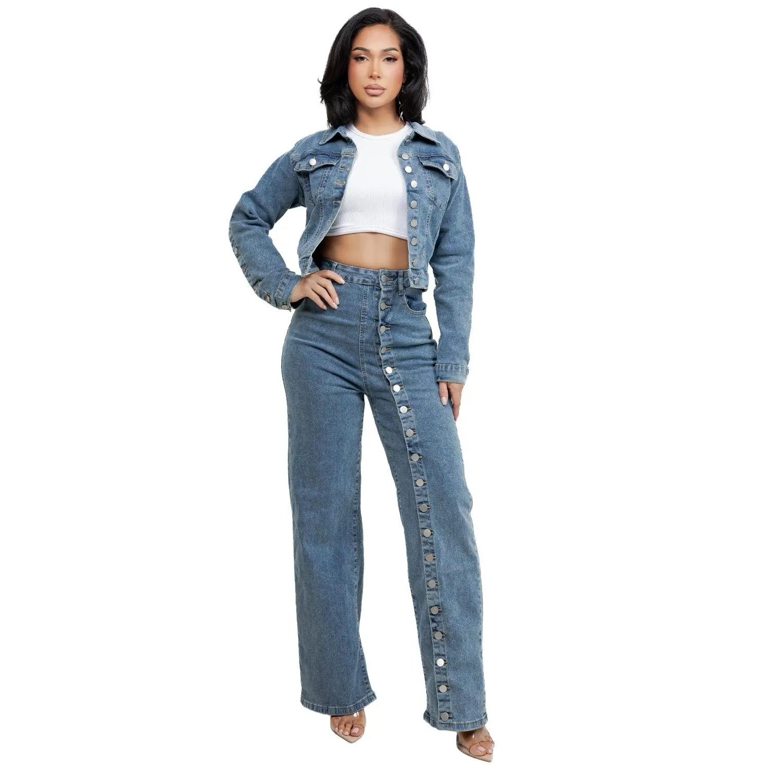 Women's 2-Piece BF Cropped Long Sleeve Denim Jacket & Button-Front Pocket Top Pants Set, Hip-Fit Clothing Set