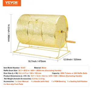 VEVOR Raffle Drum, Holds 5000 Tickets or 200 Ping Pong Balls, Metal Lottery Spinning Drawing with Wooden Turning Handle, 16.1x 12 inch Brass Plated Raffle Ticket Spinning Cage, for Bingo Ballot Part