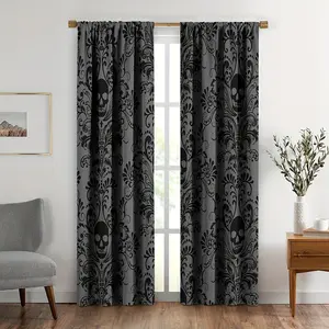 2pcs Black Curtains Antique Victorian Baroque Gothic Vintage Floral Curtains & Drapes Exotic Sugar Skull Window Treatments Gothic Bone Skeleton Bohemian Decor