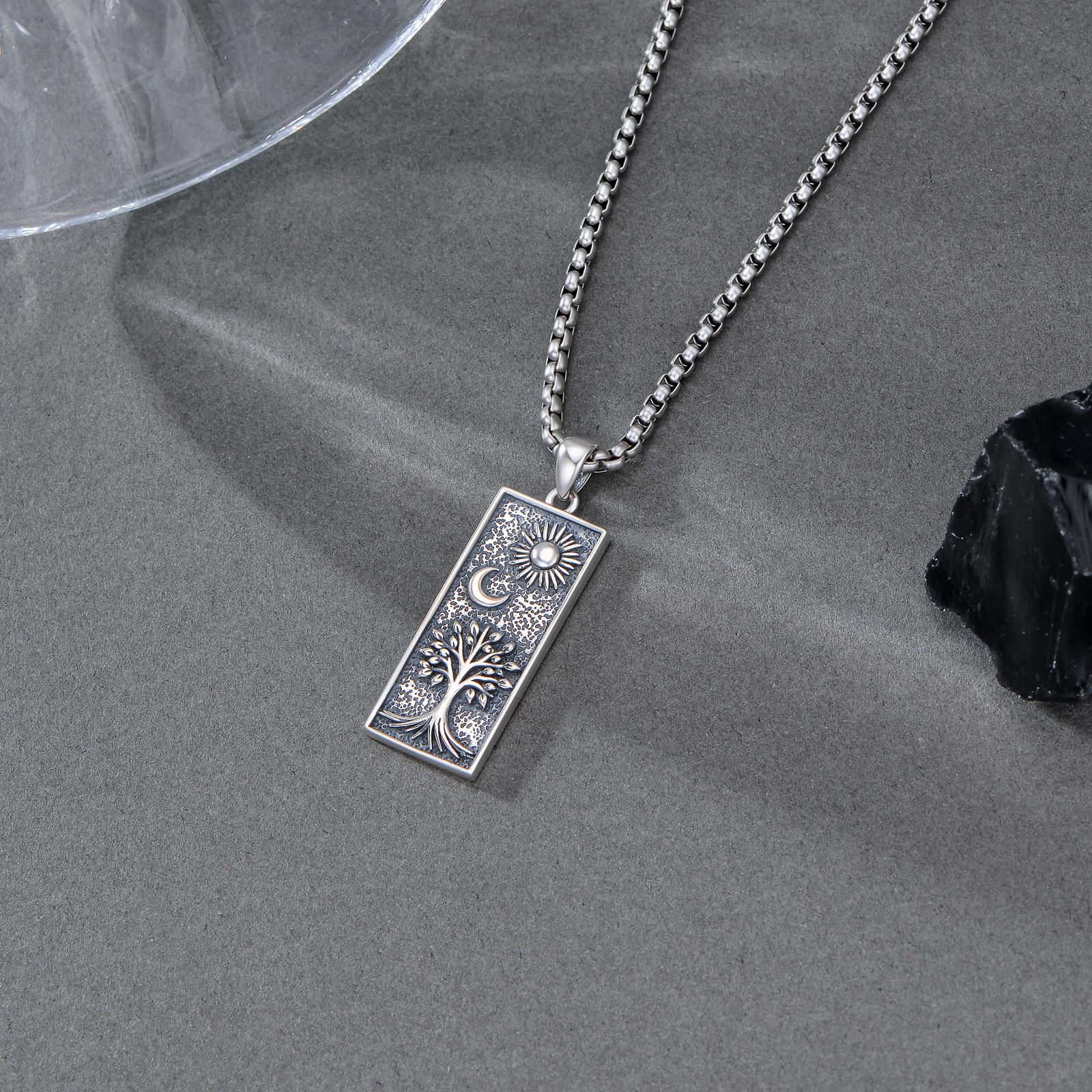 MEIDERBO Dream Chaser Sun Moon Tree of Life Necklace 925 Sterling Silver Oxidized Finish Pendant Bella Chain Stainless Steel Bead Chain 22+2 Inch