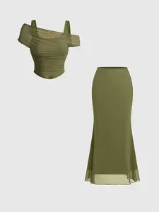 2 Piece Spring Summer Mesh Outfit Set Women Womenswear | Off Shoulder Ruched Crop Top + High Waist Mermaid Midi Skirt | French Chic Old Money Style for Date Night Vacation Wedding Guest Wear