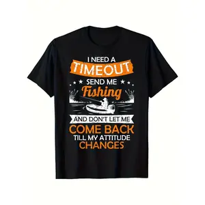 Funny "I Need A Timeout" Fishing Graphic T-Shirt - Humorous Fisherman Saying with Orange Print on Black, Unisex Casual Round Neck Tee, Non-Stretch Summer Shirt for Men & Youth, Perfect Gift for Fishing Enthusiasts, Casual Summer Tee | Unisex Tshirt | Qual
