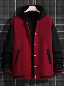 Men's Regular Fit Geometric Print Baseball Collar Jacket, Casual Comfy Contrast Trim Long Sleeve Outerwear for Daily Wear, Men's Clothes for All Seasons, Coats