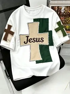 Men's Casual T-Shirt, Multi-Color Cross Patch Print, Summer Loose-Fitting Top, Street Style, Streetwear, All Seasons, Ideal for Daily Wear
