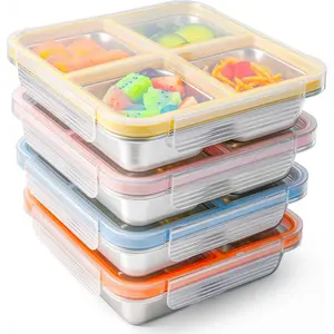 Stainless steel snack box, with lid, 4-compartment leak-proof lunch box, reusable, dishwasher safe, suitable for adults, office, travel, and meal prep