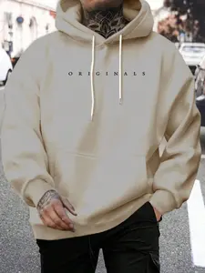 Men's Letter Print Drop Shoulder Hoodie, Fashion Casual Street Fashion Regular Fit Drawstring Pocket Hooded Sweatshirt for Daily Holiday Outdoor Wear, Men Clothes for Fall & Winter, Drawstring Pocket Hoodies