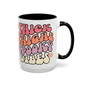 Thick Thighs Retro Spooky Pumpkin Ceramic Coffee Mug - Washable Accent Cup, Halloween Groovy Kitchenware Drinkware