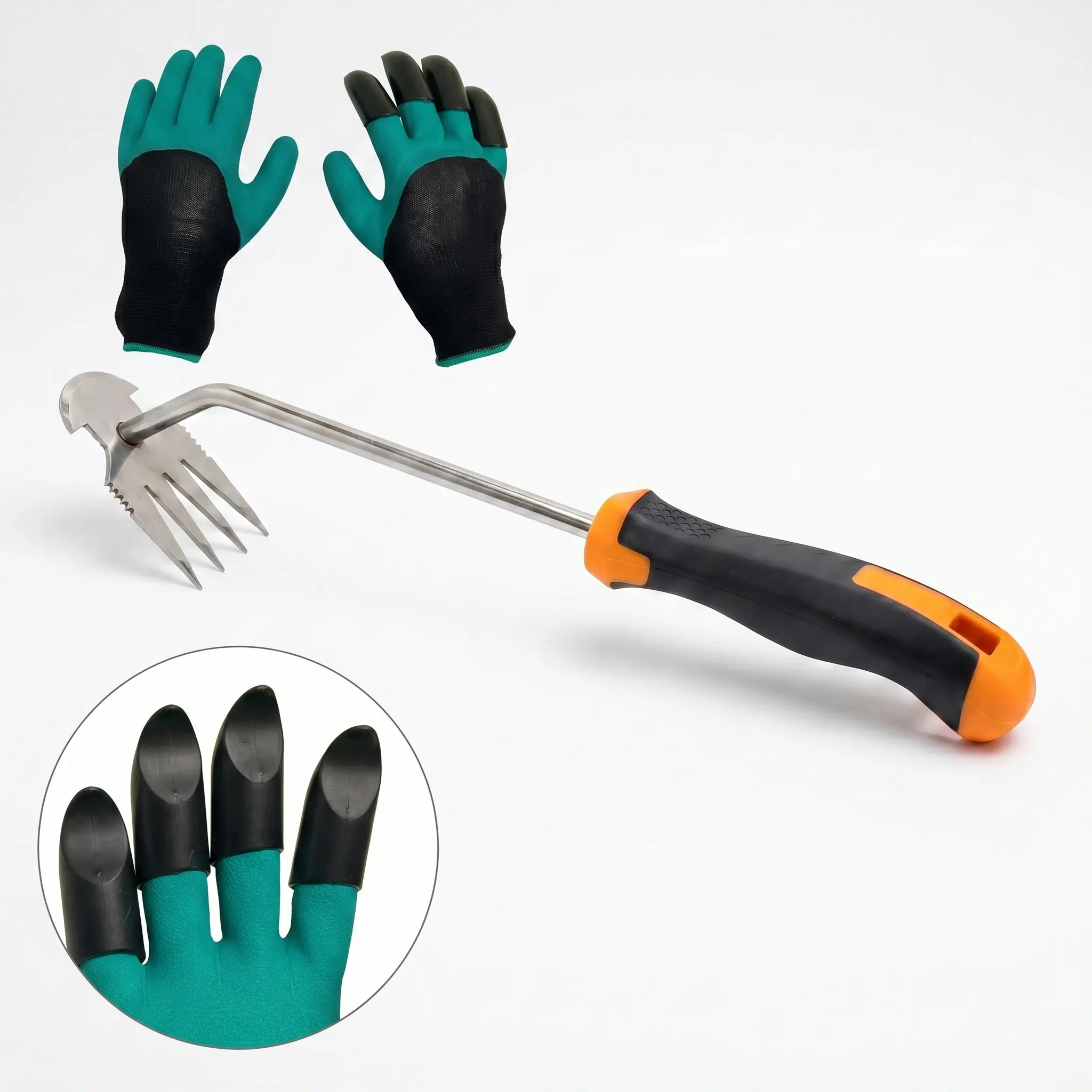 2-in-1 Complete Gardening Kit - Polyester Garden Weed Removal Tool Set with 4-Tooth Abs Claws Weed Puller, Hand-Protective Gardening Digging Gloves for Easy Digging, Loosening Soil