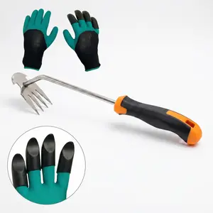 Weed Removal Tool Set: Four-Tooth Weed Puller + Gardening Digging Gloves — Loosens soil and removes weeds without harming hands