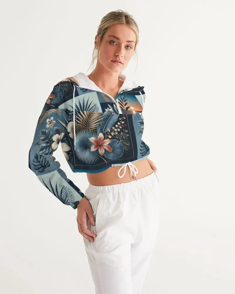 Sunset Serenity Women's All-Over Print Cropped Windbreaker - Stylish Lightweight Jacket with Adjustable Drawstrings & Front Zipper for Evening Fit