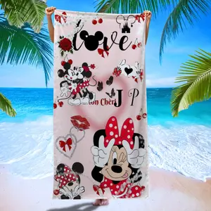 Sweet Mickey Minnie Beach Towel, Cherry Rose Design, Super Absorbent Quick Dry, Ideal for Pool Party, Yoga, Summer Outdoor Use