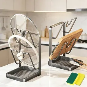 Kitchen Pot Lid Storage Rack, Pot Lid Holder With Tray, Lid Holder While Cooking, Lid And Spoon Rest, Multifunctional Kitchen Organizer Stand for Stove Top (Begie, Double-layer)