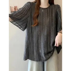 New Sheer Design Quick-Dry Chiffon Top for Women, a Stylish And Versatile Short-Sleeve Summer Blouse. Casual Fabric Fit Shirt Womenswear Polyester Chic Shortsleeve Deep Grey Crewneck Elegant tate mcrae concert outfit crop top