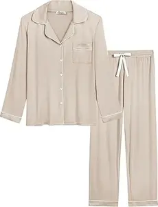 Womens Bamboo Viscose Pajama Sets Long Sleeve Button Down Cooling Sleepwear Soft Comfortable Pj Pants Set for Women