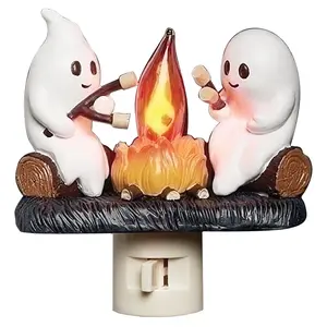 Halloween Indoor Plug-In Night Light: Ghost Campfire Design with Flickering Flame & Spooky Marshmallow - Cute Funny Spooky Decor