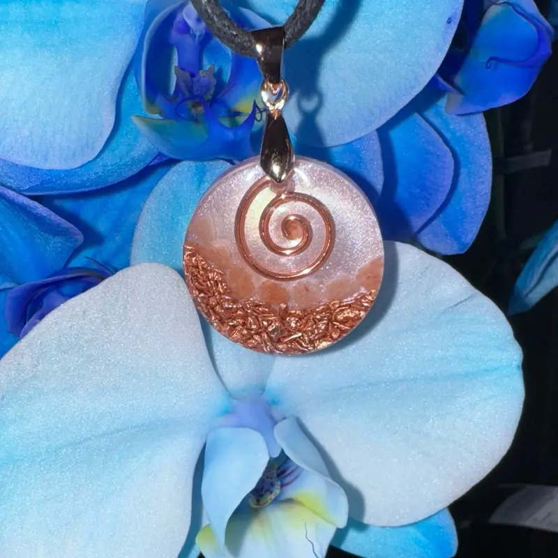 Light Pink Organic Copper Himalayan Salt Orgonite Pendant Necklace Gift - Elegant Design with Copper Finish and Organic Elements Orgone Jewelry