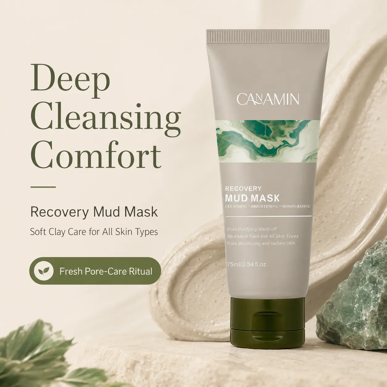 CANAMIN Recovery Mud Mask, Wash-Off Clay Face Mask for Deep Cleansing & Hydrating Care, Pore Care for Smooth Fresh-Looking Skin, Moisturizing Facial Mask for All Skin Types, 75ml
