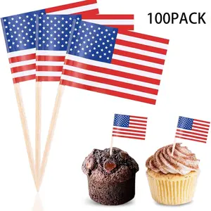 100Pcs US Flag Toothpick Flags, Cocktail Picks & Cupcake Toppers. Decorative inserts for cakes and fruits, perfect for bar cocktails, festive gatherings, dessert and fruit platter decoration