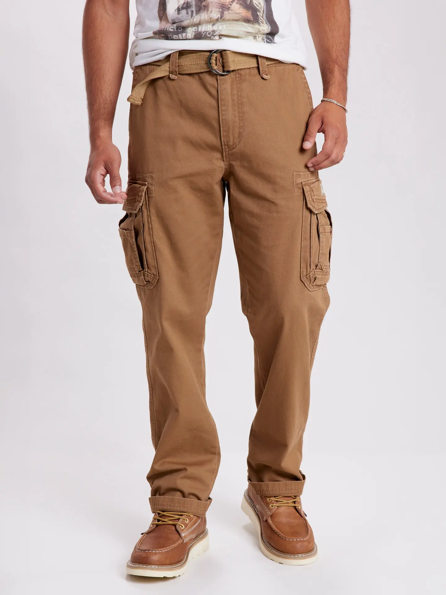 Survivor Cargo Pants for Men Relaxed Pants – Cotton Twill Vintage Wash Utility Workwear Trousers with Belt, Multi-Pocket Everyday Streetwear Pants