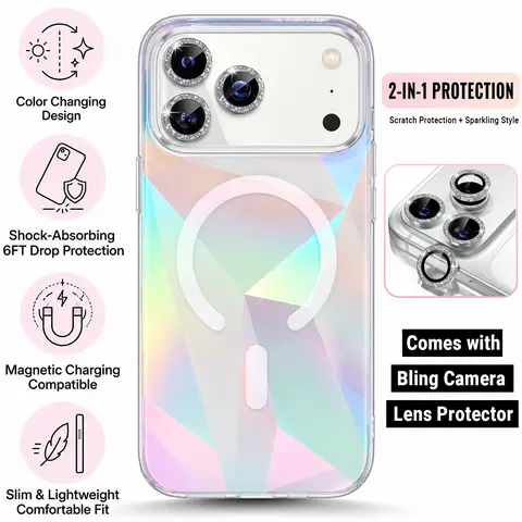 Iridescent Magnetic Phone Case for iPhone 18 17 16 15 14 13 Pro Max, Color Changing Design Shockproof Case with Bling Camera Lens Protector, Wireless Charging Compatible