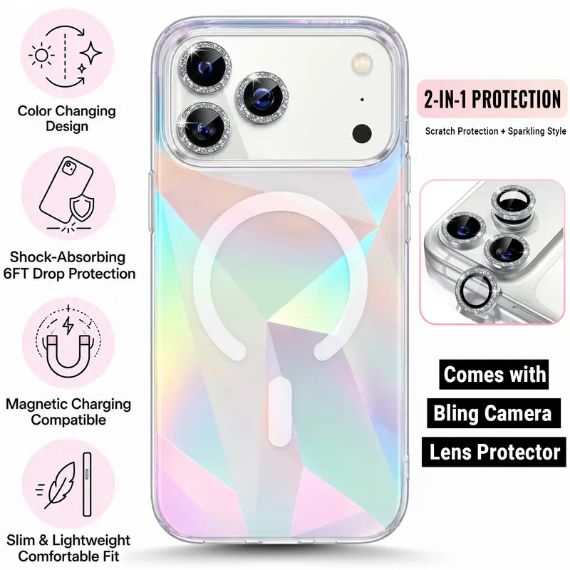Iridescent Magnetic Phone Case for iPhone 18 17 16 15 14 13 Pro Max, Color Changing Design Shockproof Case with Bling Camera Lens Protector, Wireless Charging Compatible