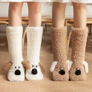 Women’s Fuzzy Floor Socks, Cute Dog Shape Fleece Lined Thick Warm Non-Slip Mid-Calf Indoor Sleep Slipper Socks