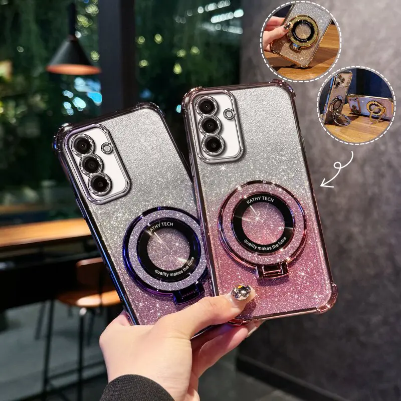 Suitable for [Galaxy A17] high-end phone case🥰,Electroplated Luxury Sparkly Glitter Phone Case with Ring Stand Holder 4-Corner Shockproof Camera Protective Cover 952
