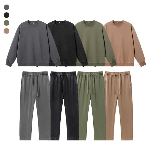 Men’s vintage acid-wash distressed two-piece athletic set, crewneck long-sleeve sweatshirt + straight-leg sweatpants, versatile for outdoor and home wear, suitable for everyday activewear in autumn and winter.Men's autumn two-piece set.